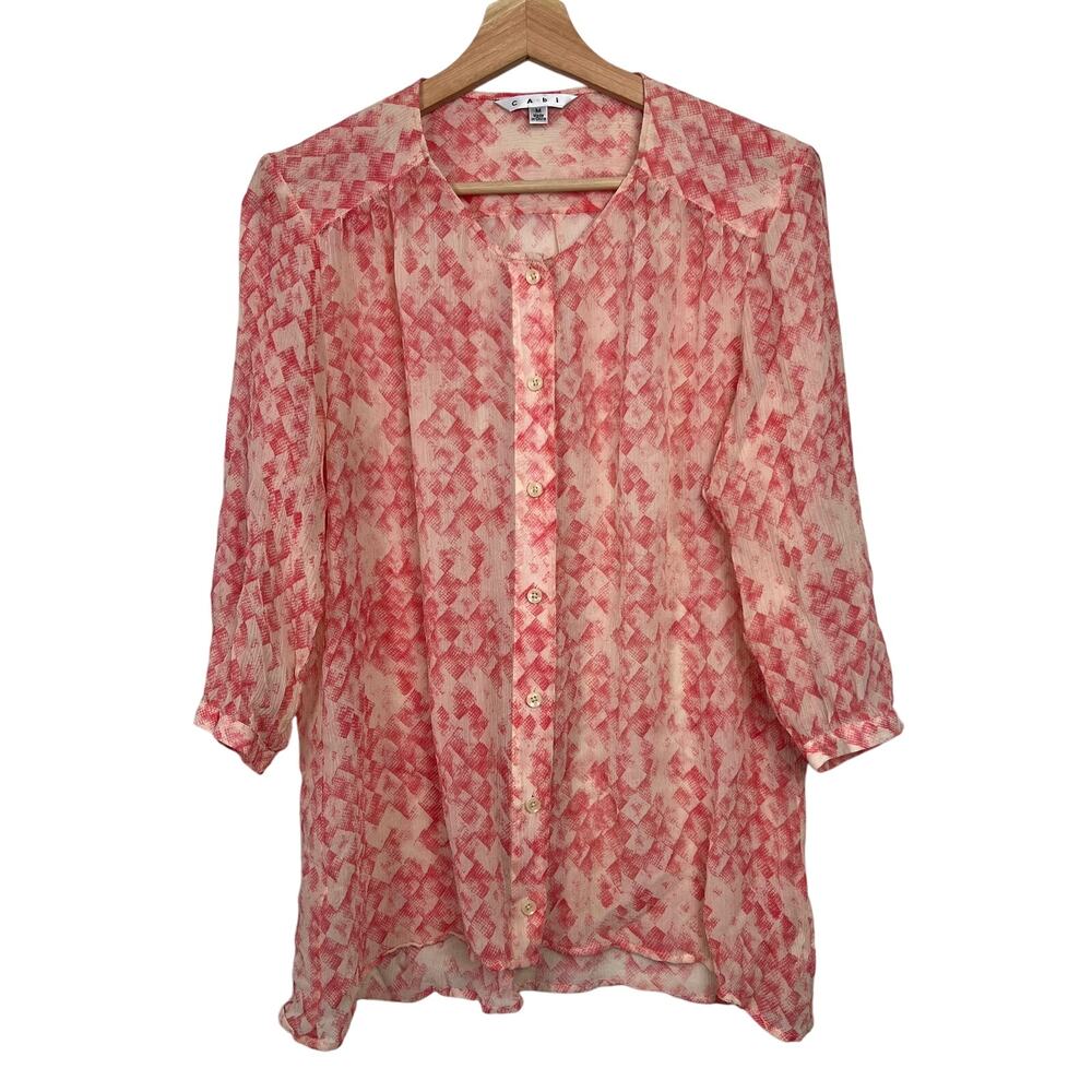 CAbi Women's Medium Emerson Crinkle‎ 100% Silk Button Front Sheer 3/4 Sleeve Top